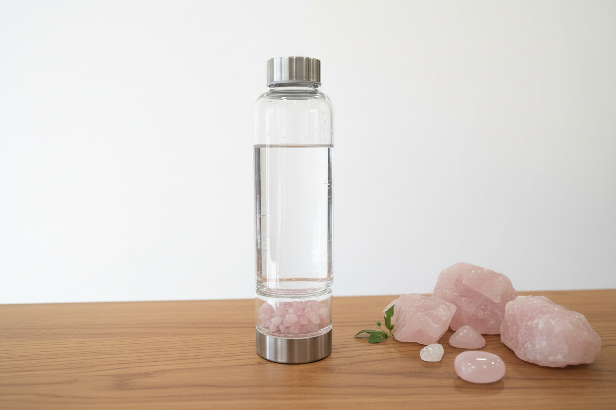 borraccia con vano cristalli personalizzabile quarzo rosa