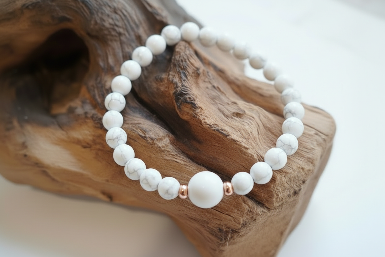 Bracciale in Howlite bianca ed ematite 6 mm