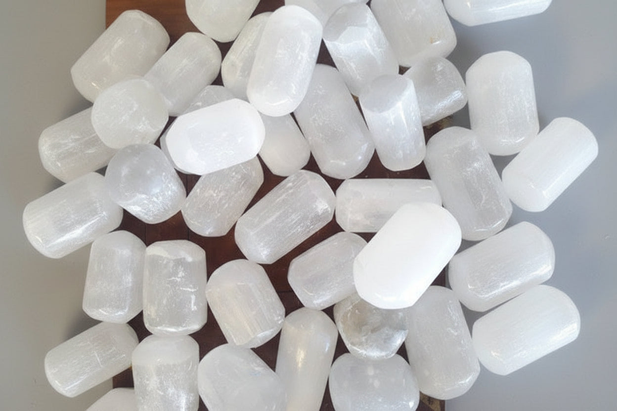 selenite cilindrica levigata bianca traslucida