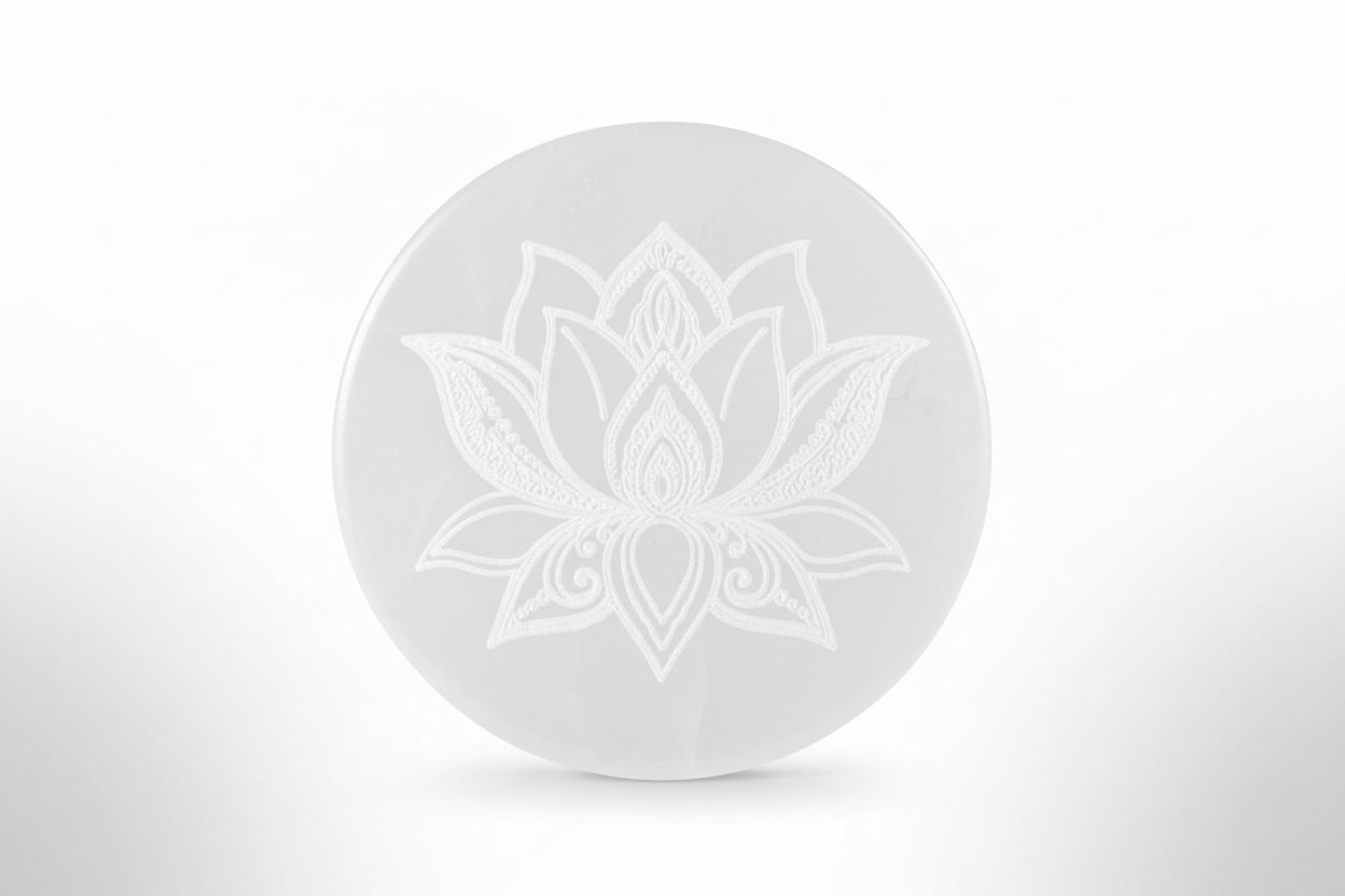 piastra di ricarica in selenite con incisione fiore di loto per cristalli